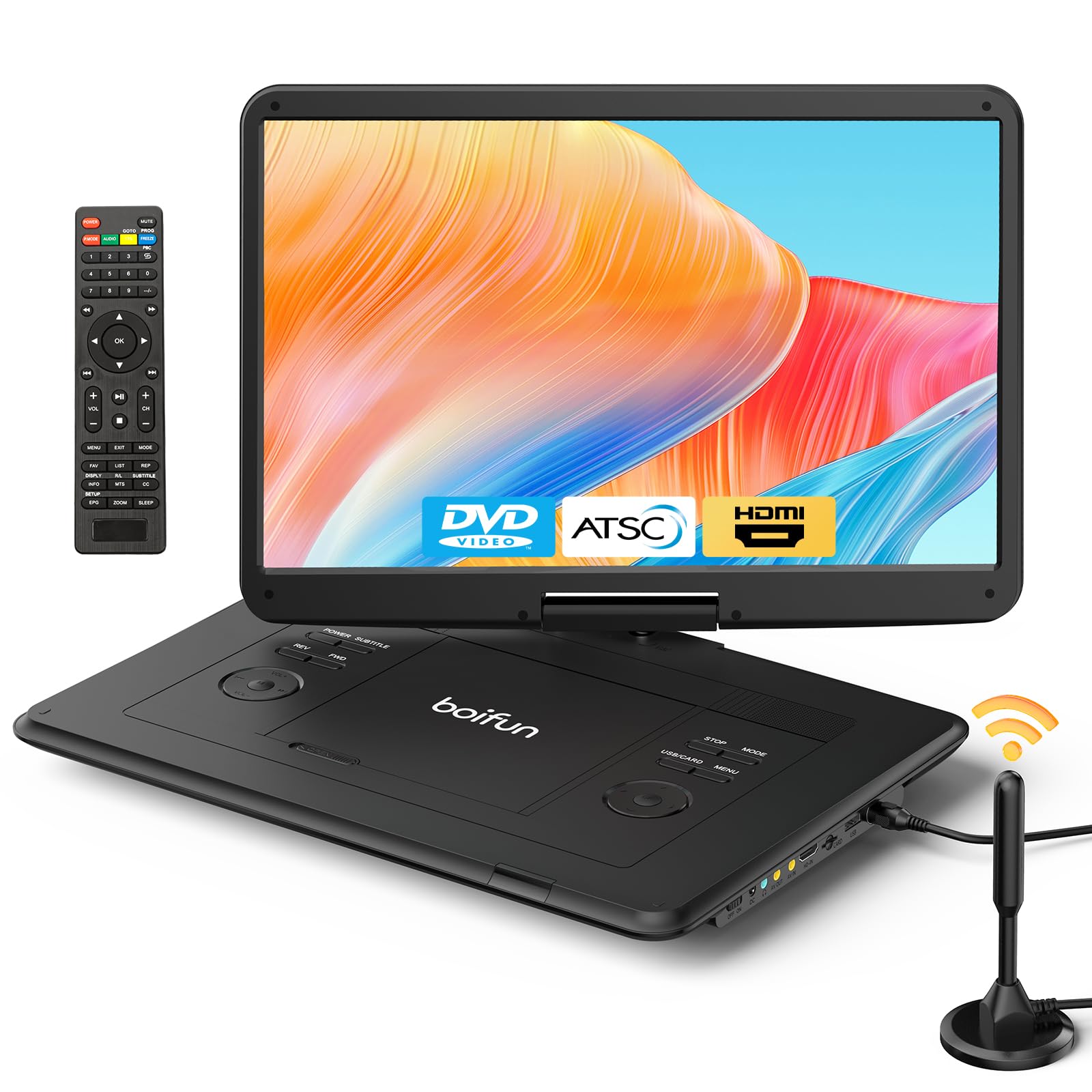 Photo 1 of Boifun Portable DVD Player with ATSC TV & FM Radio, 15.6" HD Swivel Screen, Built-in Rechargeable Battery, HDMI Input for TV Stick, USB/TF Card Playback, Plays DVDs CDs VCDs, Car & Home Adapters,Black