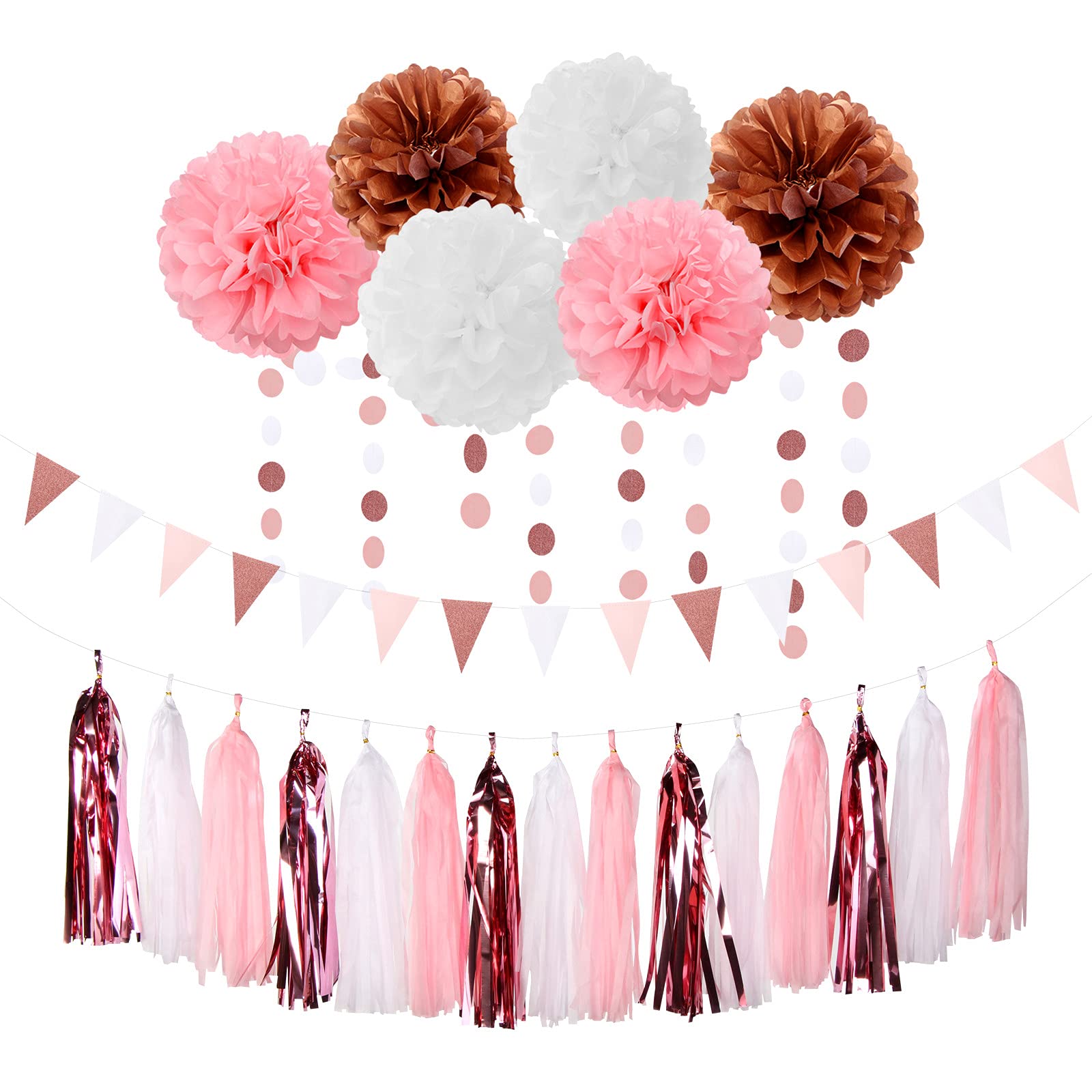 Pink Rose-Gold Graduation-2025 Brunch Party-Decorations - 23pcs Tissue Paper Pom Poms Streamers Banners,Bachelorette Baby Bridal Shower Engagement Birthday Decoration Tassel Garland Lasting Surprise
