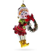 Merry Elf with Wreath Blown Glass Christmas Ornament