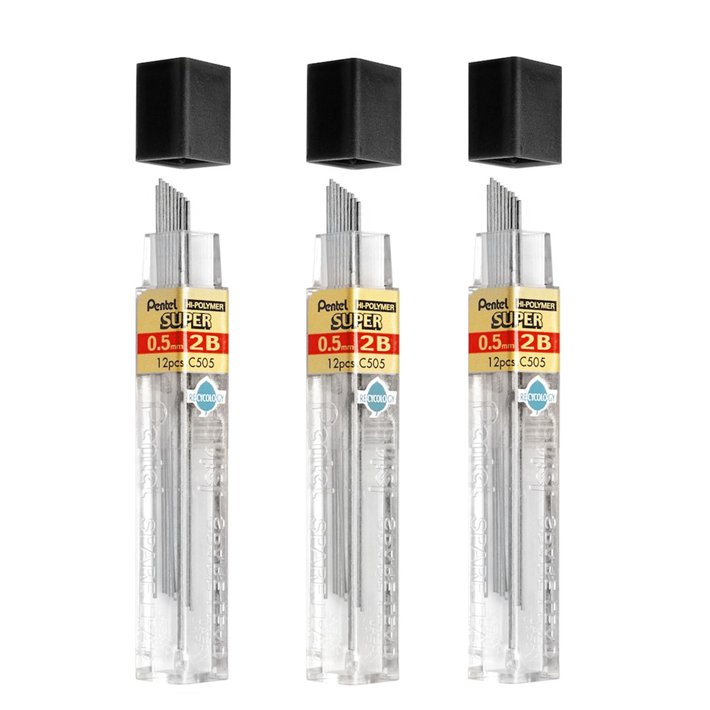 Pentel 0.5mm Size 2B Shade Hardness Pencil Refill Replacement Spare Leads Hi Pollymer Super For Automatic & Mechanical Pencils (Pack Of 3 Tubes - 36 Pieces)