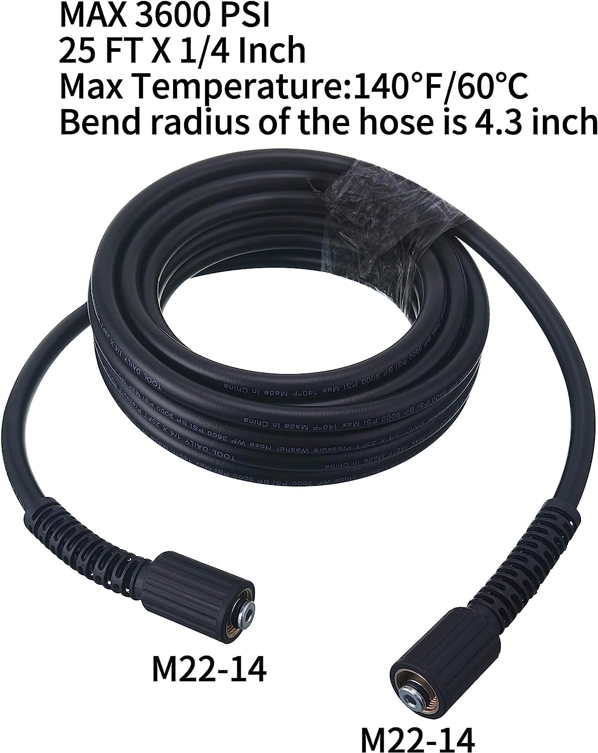 Tool Daily High Pressure Washer Hose, 25 FT X 1/4 Inch, 3600 PSI, M22 14mm, Replacement Power Washer Hose for Most Brands