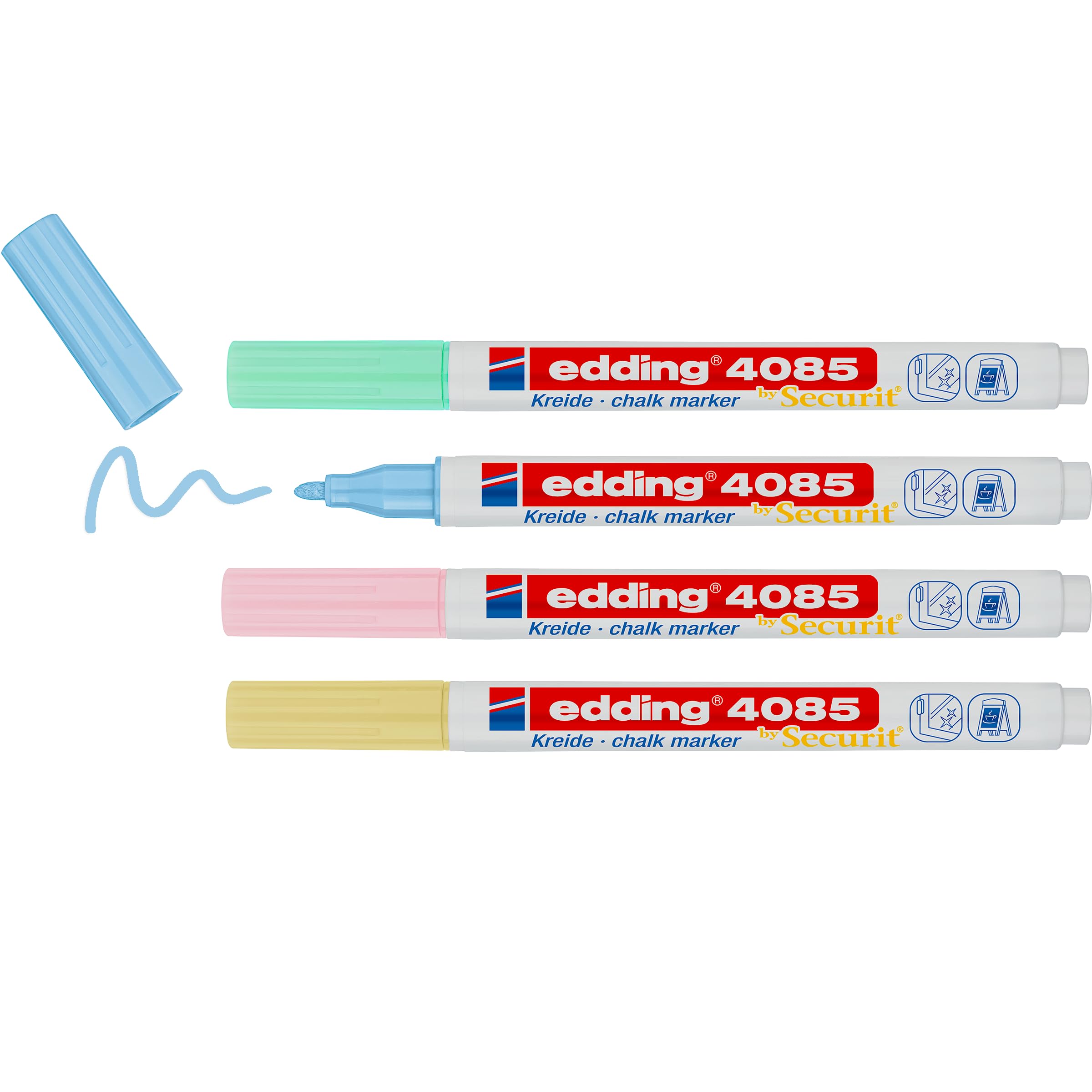 edding 4085 chalk marker - yellow, green, rose, blue (pastel) - 4 chalk pens - round nib 1-2 mm, wet wipe pen for chalkboards, windows, glass, mirrors - liquid chalk marker pens for opaque coverage