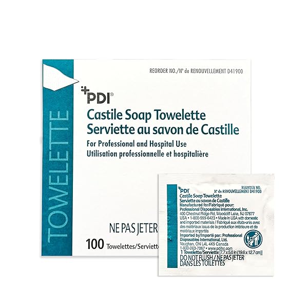 PDI CASTILE SOAP TOWELETTES, FACE AND HAND CLEANSING, 100 INDIVIDUALLY WRAPPED WIPES PER BOX