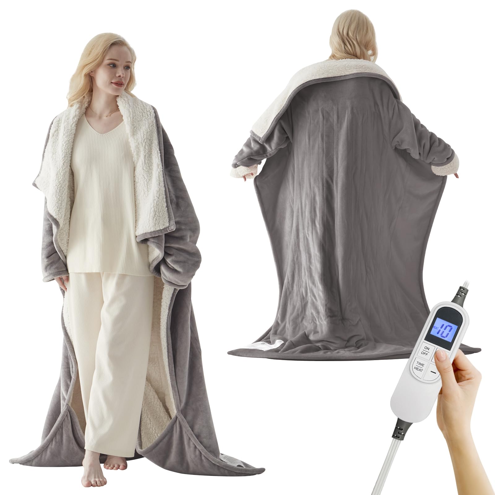 Photo 1 of Richtry Electric Blanket Wearable with Foot Pockets & Sleeves, Electric Heated Snuggle Blanket, Flannel & Sherpa Heating Throw with 10 Heat Settings, 1-12 Hours Auto Shut-Off, 50"×70", Grey