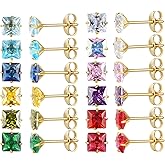 12 Pairs Surgical Stainless Steel Stud Earring Round Heart Star Square Cubic Zirconia Birthstone Stud Earrings Set for Women