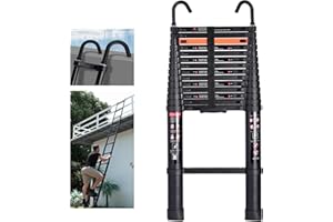 SINMEIRUN 15.5FT Telescoping Ladder,Aluminum Collapsible Ladder with 2 Detachable Hooks,Portable Extension Ladder Black with Storage Strap for Home Garden RV Roof Camper
