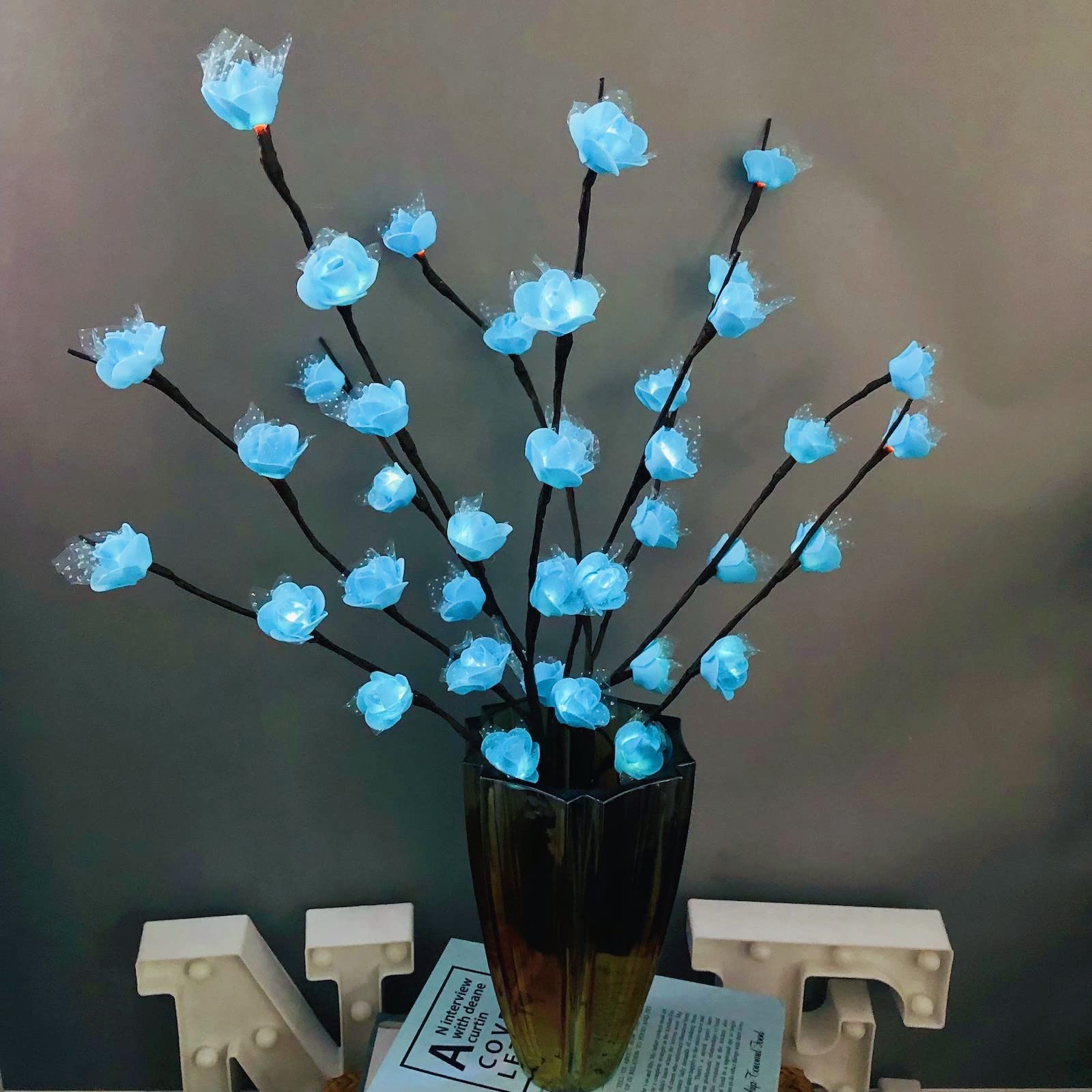 Riaxuebiy 2 Pack Blue Rose LED Twig Lights Lighted Artificial Lace Rose Flower Tree Branch Lights Flexible Branch Decoration Light for Home Shop Windows Vase Table Room Wedding Christmas (Blue Rose)