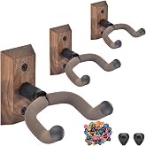 MOREYES Guitar Wall Mount 3 Pack with Guitar Picks, Black Walnut Wood Guitar Hanger, Rotatable U-Shaped Guitar Wall Hanger, Guitar Hook for Acoustic Guitar, Electric Guitar, Bass, Brown