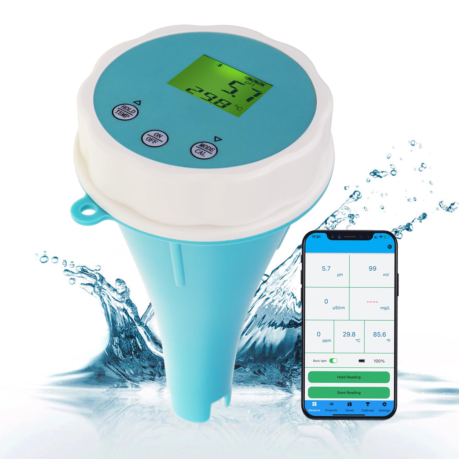 Photo 1 of Floating Smart Pool Monitor, IP67 Waterproof Digital Pool Thermometer 6-in-1 Bluetooth Pool Water Meter Tester for EC, Salinity, pH, ORP, Temperature, and Chlorine for Swimming Pools, Hot Tubs, Pond