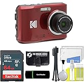 Kodak PIXPRO FZ45 16MP Digital Camera 4X Optical Zoom 27mm Wide Angle 1080P Full HD Video 2.7" LCD Camera (Red) + 64GB Card and Reader + Memory Wallet + Tripod + Cleaning Bundle