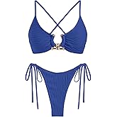 ZAFUL Women's Bikini Sets Ribbed Metal O Ring Criss Cross Two Piece Swimsuit Cheeky High Cut Side Tie Thong Bathing Suit