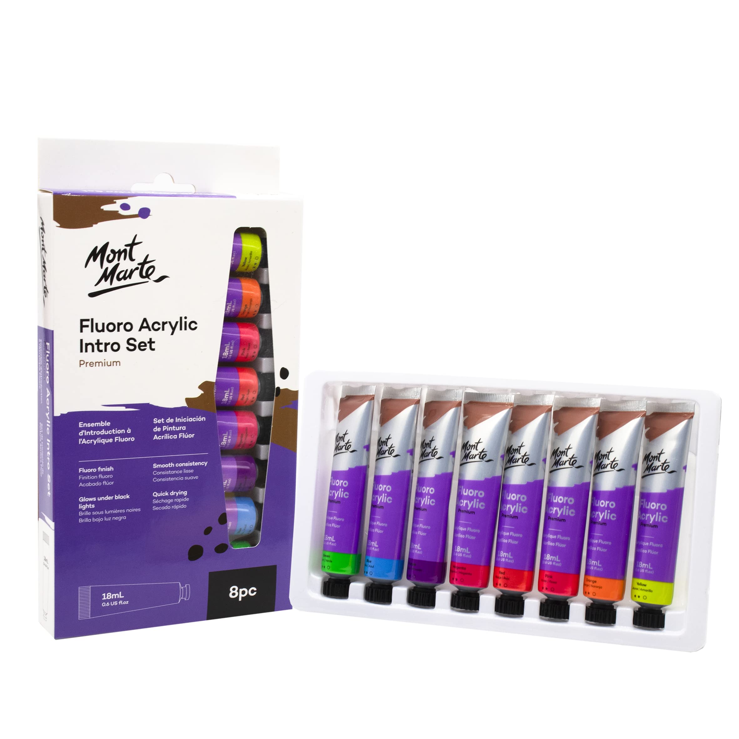 MONT MARTE Acrylic Paint Set - Fluorescent - 8 pieces, 18 ml tubes - Ideal for acrylic painting - Brilliant lightfast colours with great opacity