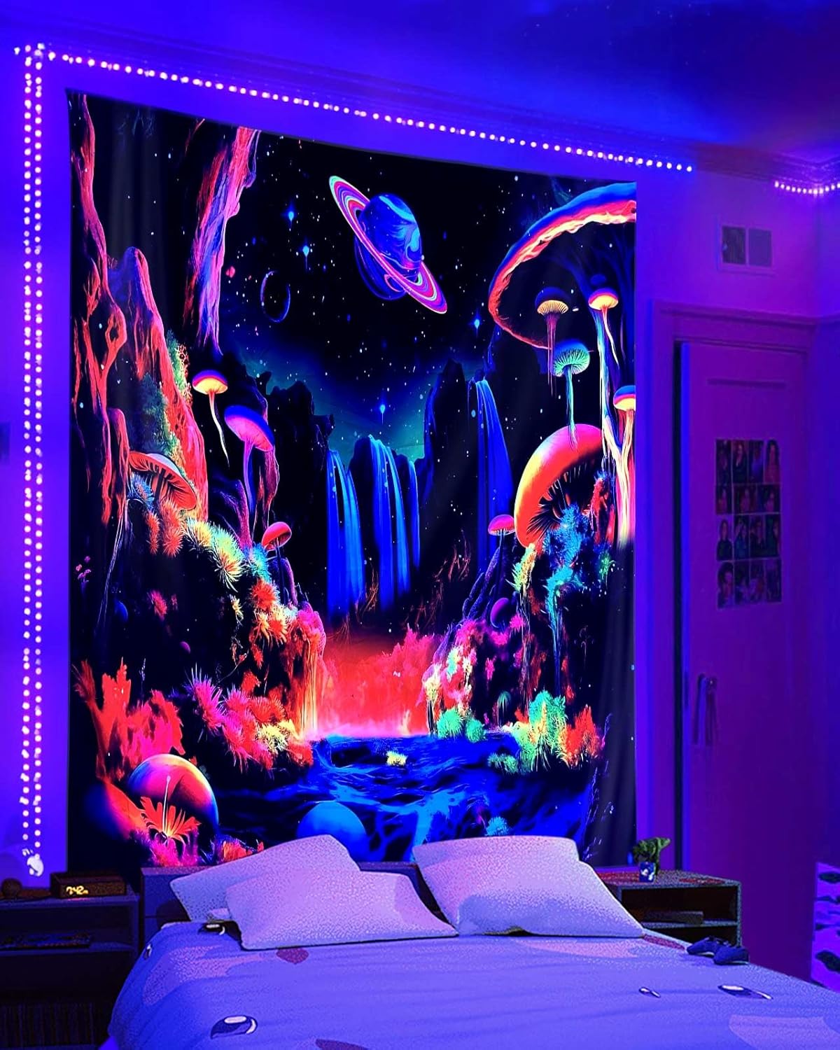 Tapestries - ADDWel Blacklight Mushroom Planet Tapestry, Black Fantastic Tapestry Glow In The Dark, UV Reactive Black Light Posters Wall Hanging for Bedroom Dorm Living Room Backdrop Decor