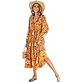 R.Vivimos Women's Long Sleeve Floral Print Retro V Neck Tassel Bohemian Midi Dresses