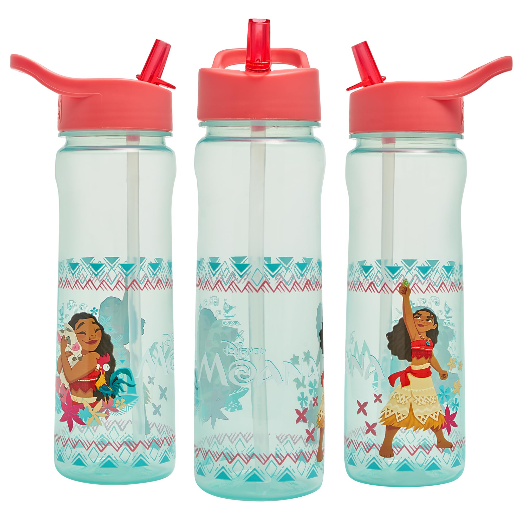 Disney Moana Water Bottle Flip Up Straw 600ml – Official Disney Merchandise Kids Reusable Non Spill - BPA Free - Recyclable Plastic - Ideal For School Nursery Sports Picnic - Turquoise & Pink