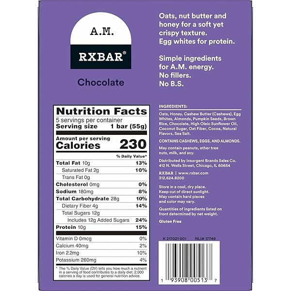 RXBAR A.M. PROTEIN BARS, GLUTEN FREE SNACKS, BREAKFAST SNACKS, CHOCOLATE, 9.7OZ BOX (5 BARS)