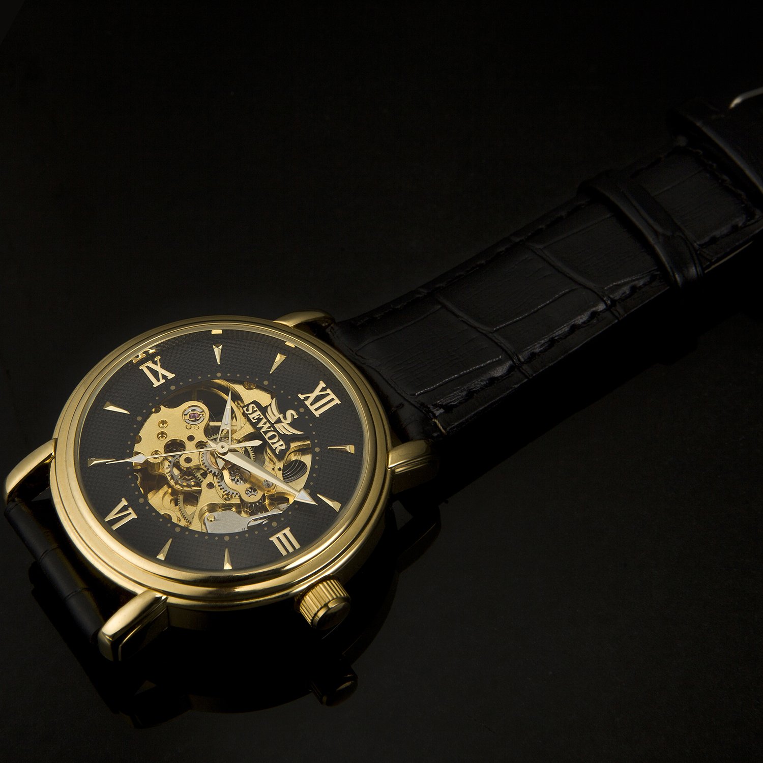 Sewor Men\'s Dress Mechanical Hand Wind Gold Movement Leather Wrist Watch (Brown Gift Box) (Gold Silver)