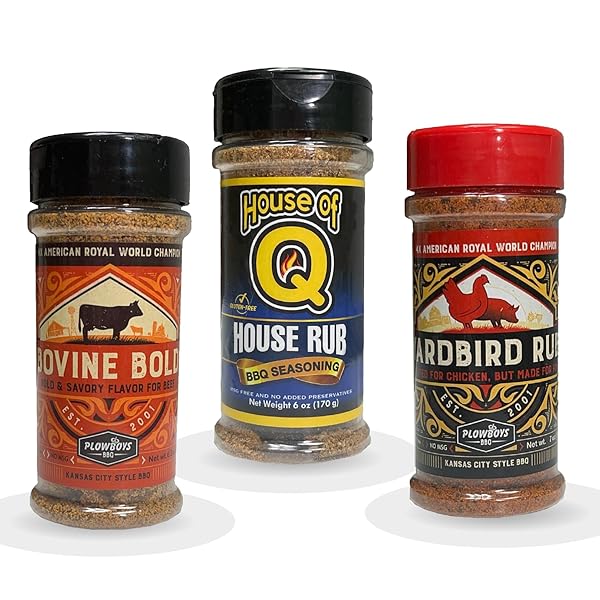 PLOWBOYS AND HOUSE OF Q BBQ RUB PACK GIFT SET YARDBIRD, HOUSE OF Q HOUSE RUB, BOVINE BOLD VERSATILE STEAK, PORK, CHICKEN, BEEF, VEGGIES SEASONING IDEAL FOR BBQ FANS 3 PACK, 5 TO 6OZ EACH PINNACLE MERCANTILE