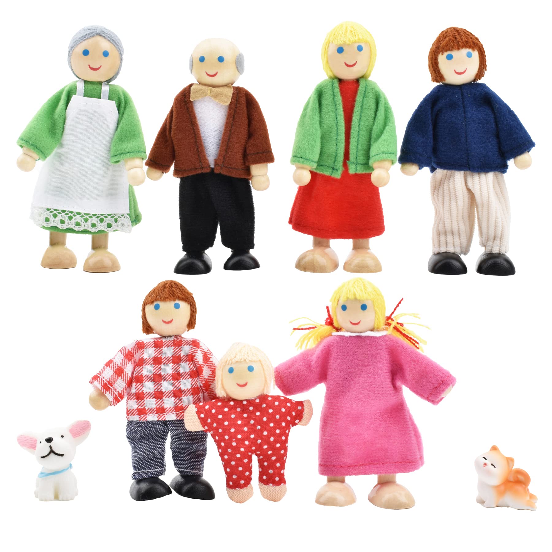 Wooden Dolls House People with Cat and Dog, Happy Family Dolls figures Set for Dollhouse Playset Accessories Gift