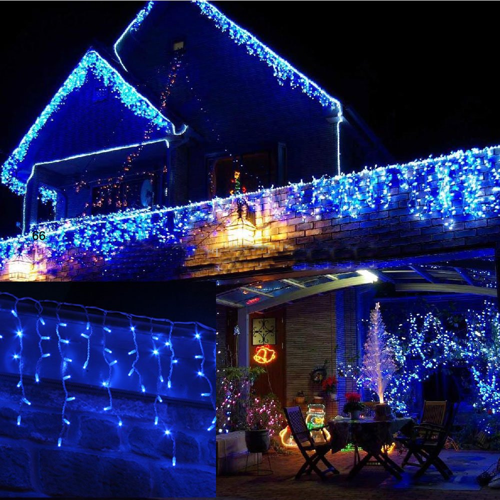 JnDee Icicle Christmas Fairy Lights Waterproof Outdoor/Indoor use. Blue 120 LED 4M Wide Plus a Massive 10M Lead Cable, 8 Modes, Low Safe Voltage White Cable (Blue, 120LED 4M)