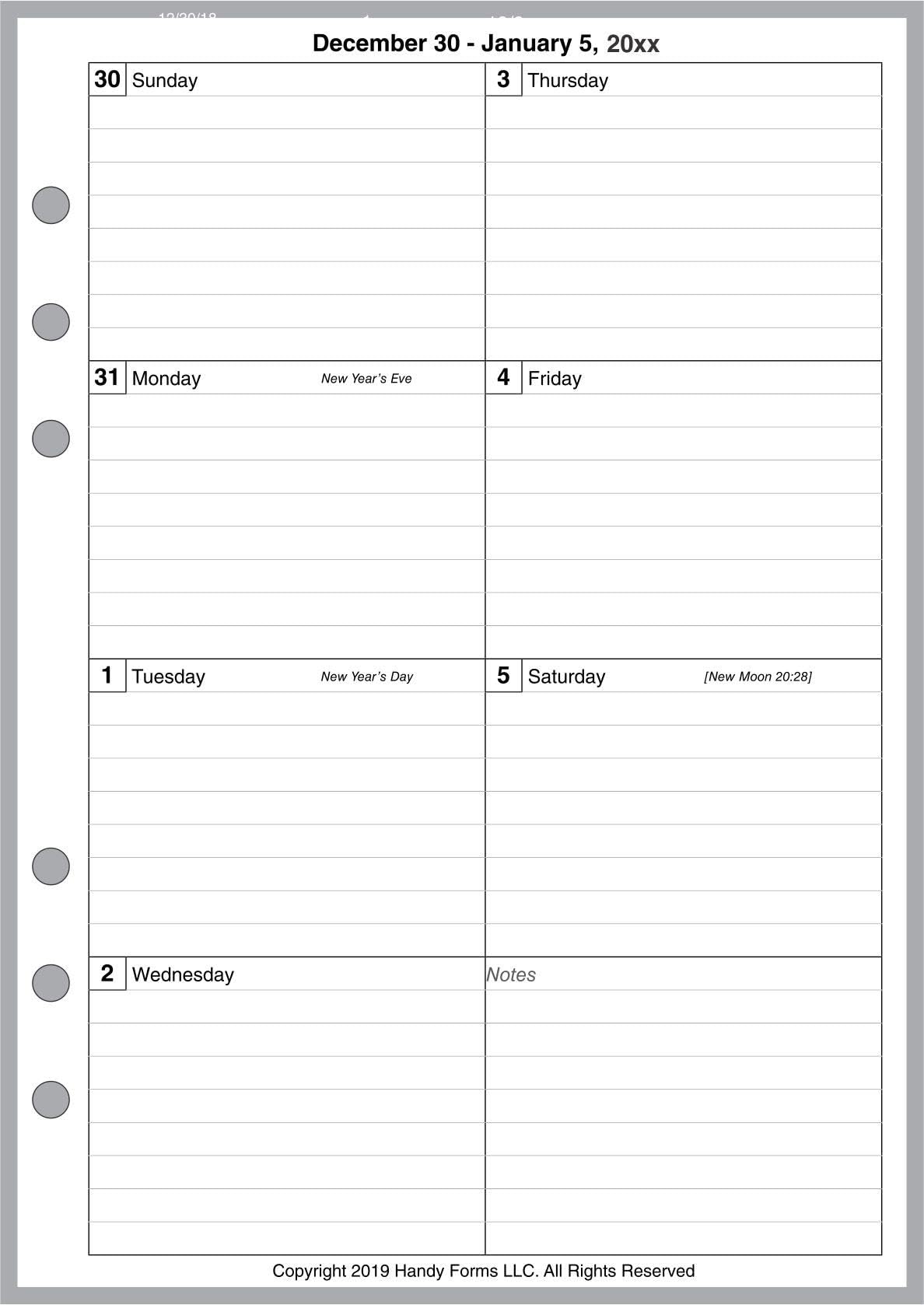 2020 Weekly Planner for A5 Size notebooks by FiloFax, Kikki-K, and Others. 1 Page Per Week, Week Starts on Sunday. Style D, with Lines.