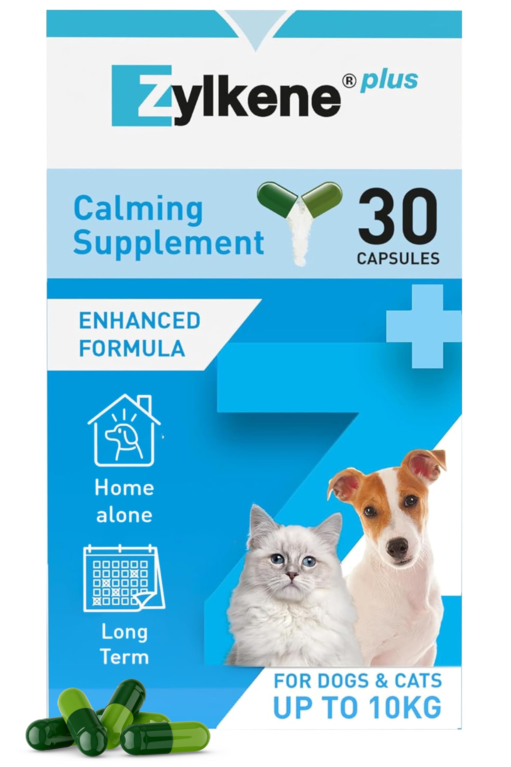 Zylkene Plus Calming Supplement for Cats & Dogs up to 10kg | Promotes Relaxation in long-term challenging situations: New baby, Home Alone, Moving house | Easily administered | 30 capsules