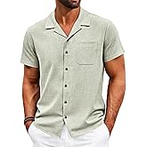 Runcati Mens Button Down Shirt Short Sleeve Cuban Casual Shirts Summer Beach Vacation Wedding Tops with Pocket