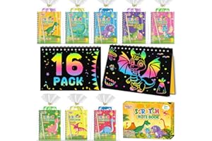 FEREDO KIDS Party Favors for Kids: 16 Pack Dinosaur Rainbow Scratch Art Notebook Classroom Goodie Bag Items Bulk for Girls Bo