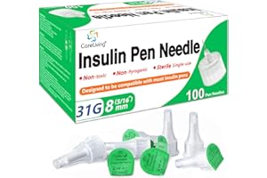 CareLiving Insulin Pen Needle 31G 8 mm (5/16”), 100 Count, Universal Fit Compatible with Most Pen Injector Device, Ultra-Thin for Comfortable Insulin Injection