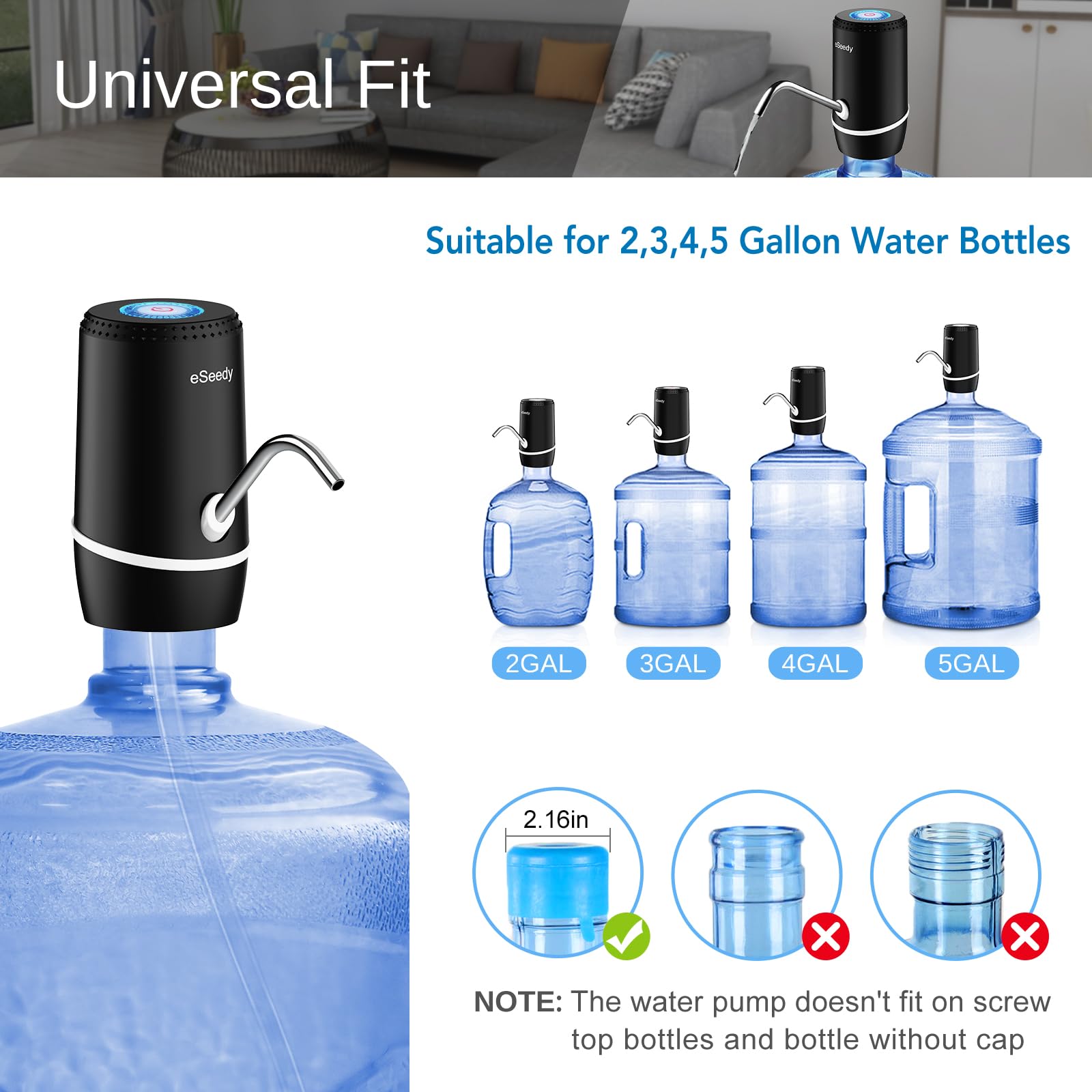Water Pump for 5 Gallon Bottle, USB Charging Automatic Water Dispenser with Rechargeable Battery, Portable Electric Drinking Water Jug Pump for Home, Kitchen, Living Room, Office, Camping - Black
