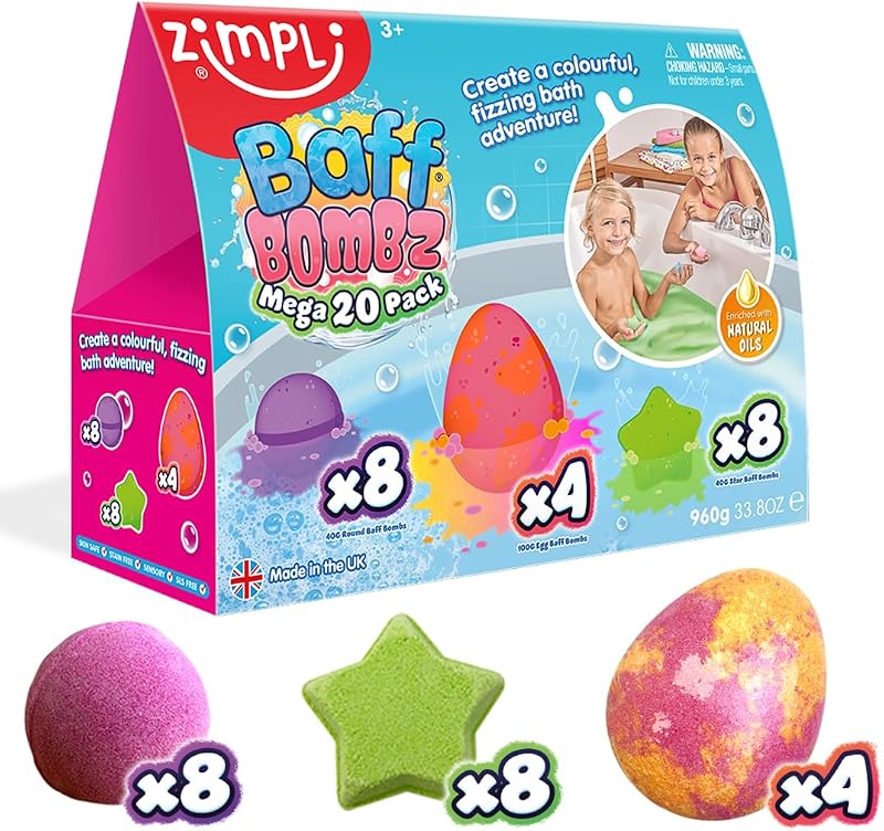 ZIMPLI Baff Bombz 20 Pack Bath Bombs Colourful Fizzing Toy Gift Set Kids