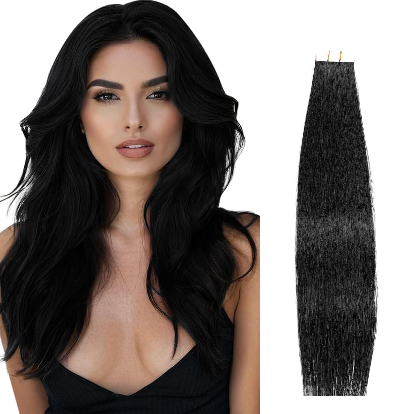 20 Inch 1B Black Tape in Hair Extensions Human Hair Seamless Skin Weft Remy Hair Extensions Invisible Straight Tape in HairExtension Human Hair 20pcs