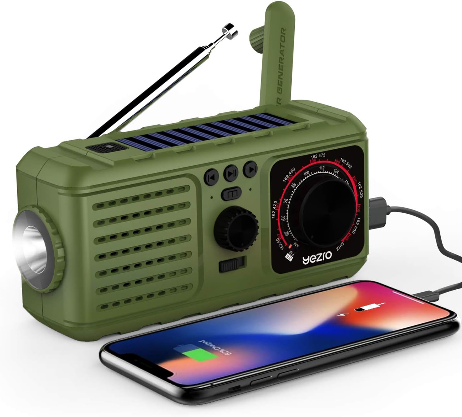 Solar Crank Emergency Radio, YEZRO NOAA/AM/FM Portable Weather Radios with Flashlight, SOS Alarm, USB Phone Charger, MP3 Player, 2200mHA Power Bank for Home Outdoor (Green): Home Audio & Theater