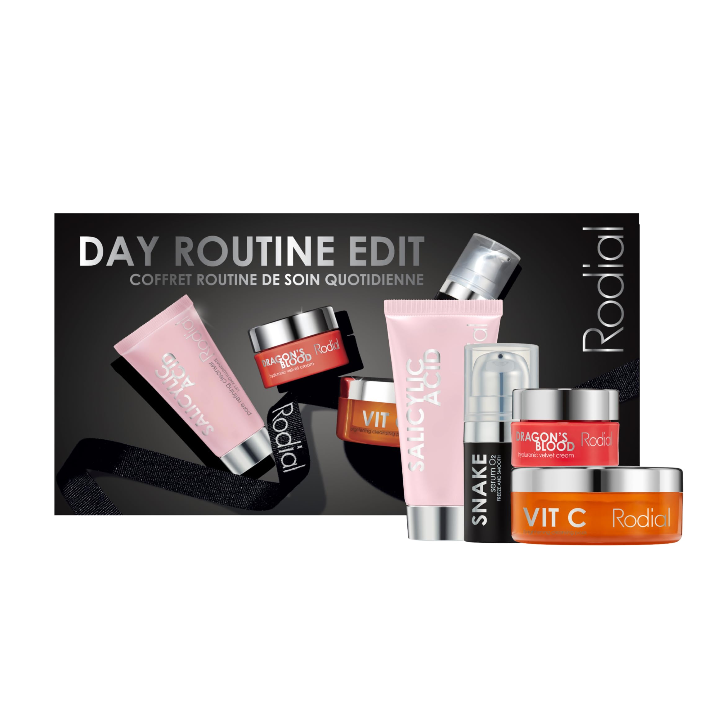 Photo 1 of Rodial Day Routine Edit - Four-step Deluxe-Size Skincare Routine: Salicylic Acid Cleanser 20ml, Vit C Pads – 20 pads, Snake Serum- 5ml, Dragon’s Blood Velvet Cream – 15ml