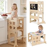 4-in-1 Toddler Standing Tower, Foldable Kitchen Step Helper Stool for Kids, Montessori Learning Standing Tower with Blackboard, Anti-Slip Wooden Kitchen Step Stool for 1-3 Year Old Boy Girl Gift