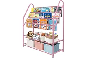 aboxoo Metal Kids Bookshelf Pink Bookcase Freestanding for Children Girls Room 32 inches Large Toddler Pink Stable Bookcase Bookstore Library Book Unit Storage