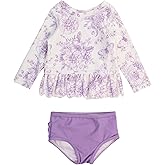 RuffleButts Baby/Toddler Girls Scalloped Long Sleeve Rash Guard 2-Piece UPF50+ Sun Protected Swimsuit