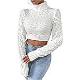 OYOANGLE Women's Cable Knit Turtleneck Sweater Long Sleeve Fitted Cropped Sweaters