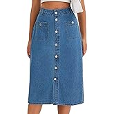 CIMUK Women's Denim Skirt Button Down Front High Waist Pockets Midi Jean Skirts