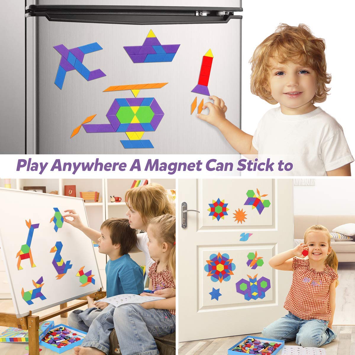 Vanmor 216PCS Magnetic Pattern Blocks Set Complete with 298 Pattern Book Magnet Board Magnetic Shapes for Kids Educational Montessori Tangram Toy for Children Aged 3 8 Portable Travel Game