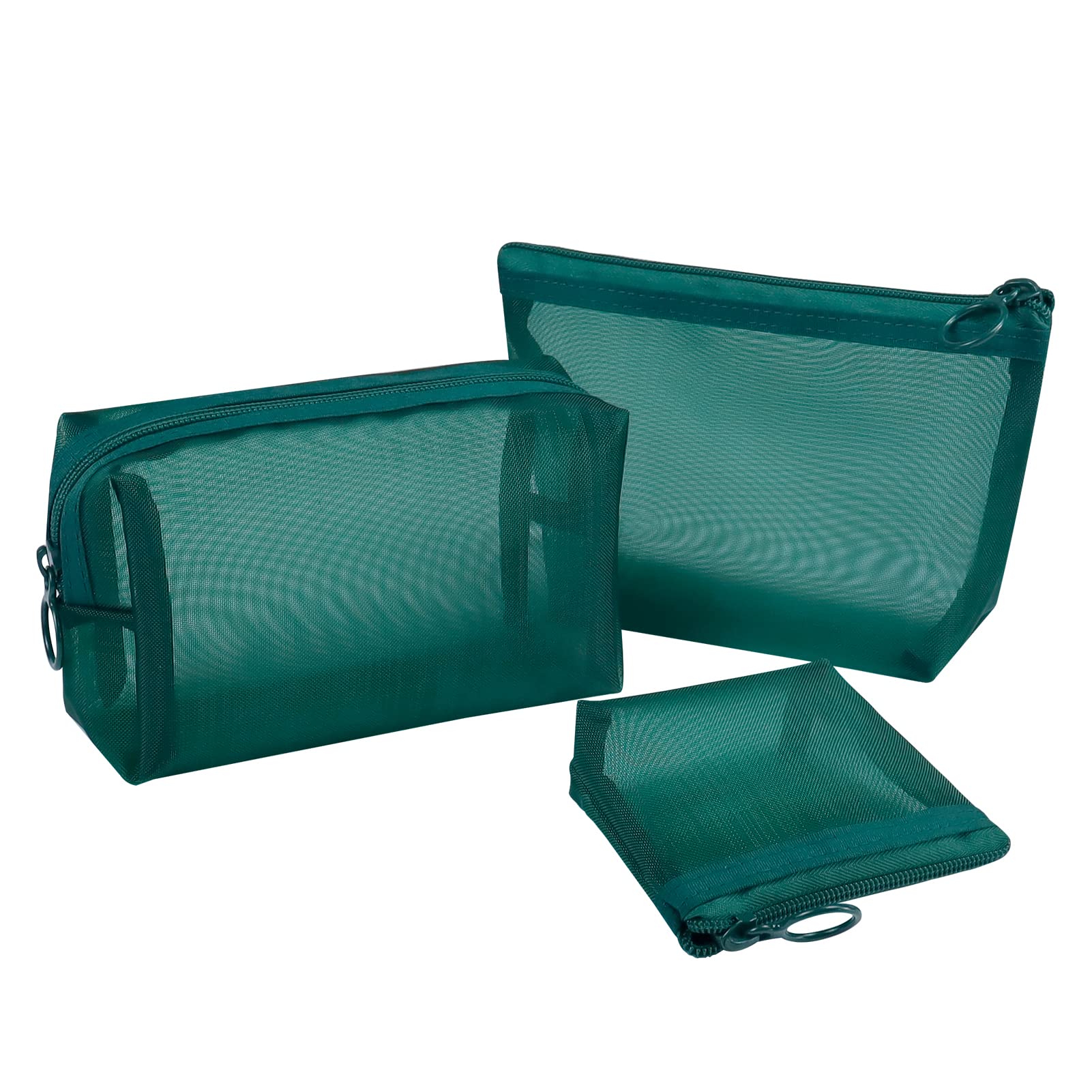 Aosbos 3Pcs Mesh Makeup Bag Mesh Cosmetic Bag Portable Travel Make Up Bag Small Toiletry Bag Lightweight Mesh Zipper Makeup Pouches for Women Ladies Girls Home Office Travel Beach, 3 Sizes (Green)