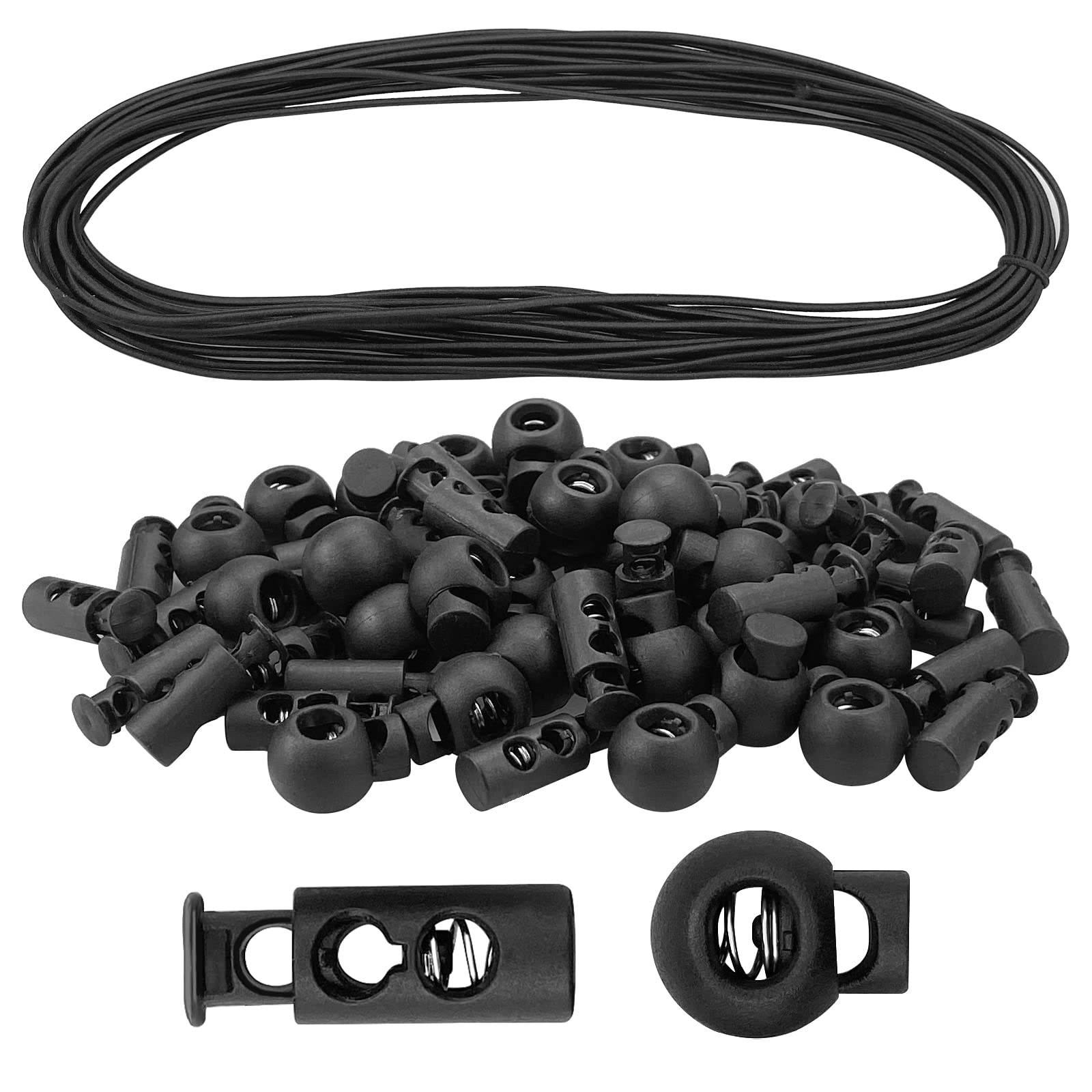 60 pcs Plastic Cord Locks, End Spring Toggle Stopper Slider, Round Elastic Toggle Sliders, Buttons Small Round Elastic Toggle Sliders, Spring Cord Locks for Drawstrings, with 10 m Elastic Bungee Cord