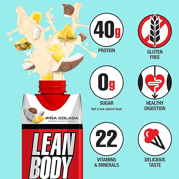 LEAN BODY READY-TO-DRINK PINA COLADA PROTEIN SHAKE, 40G PROTEIN, WHEY BLEND, 0 SUGAR, GLUTEN FREE, 22 VITAMINS & MINERALS, 17 FL OZ (PACK OF 12)