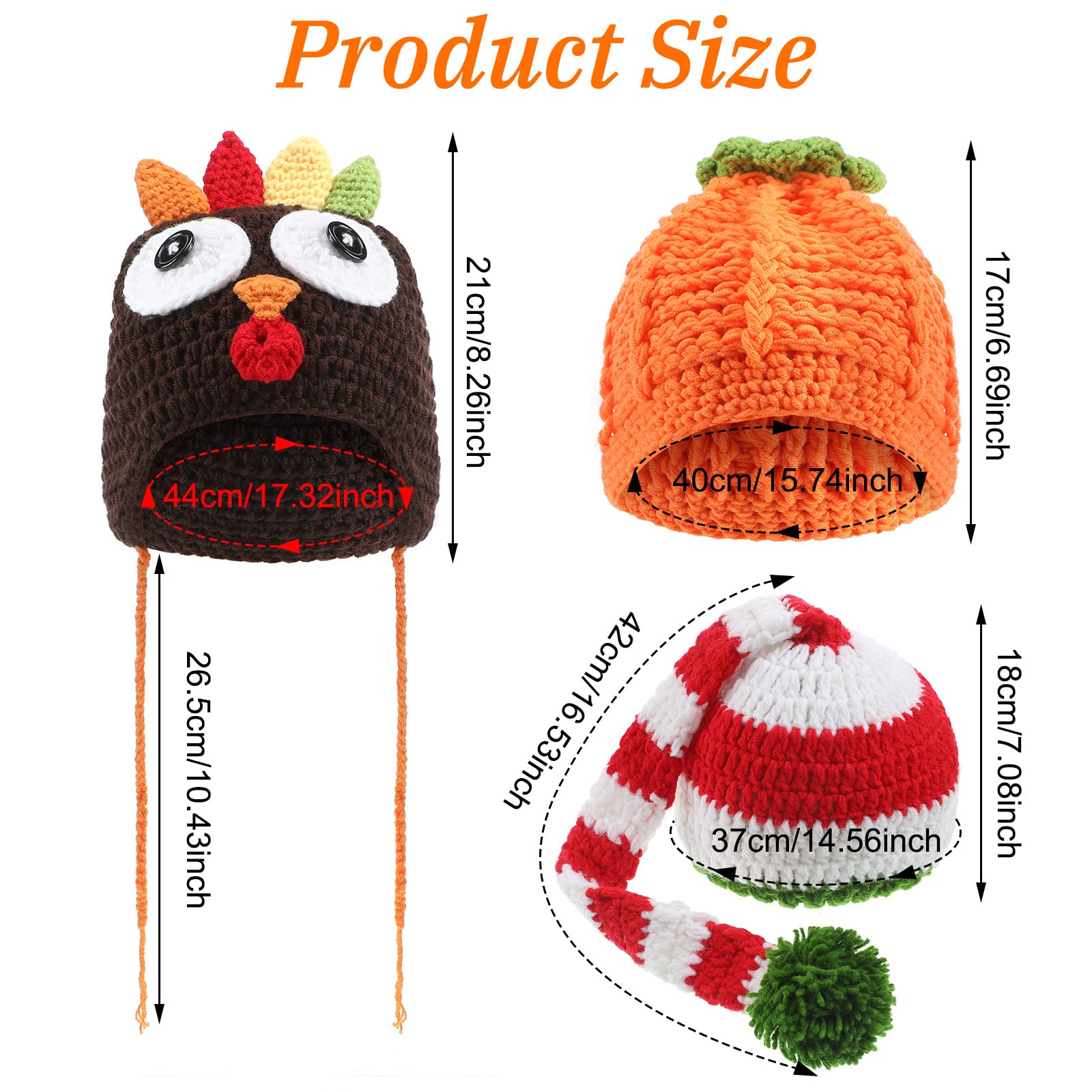 Jiuguva 3 Pieces Baby Crochet Beanie Set, Pumpkin Hat Turkey Beanie and Christmas Long Tail Cap for Unisex Baby Fall Halloween Thanksgiving Xmas Photo Prop