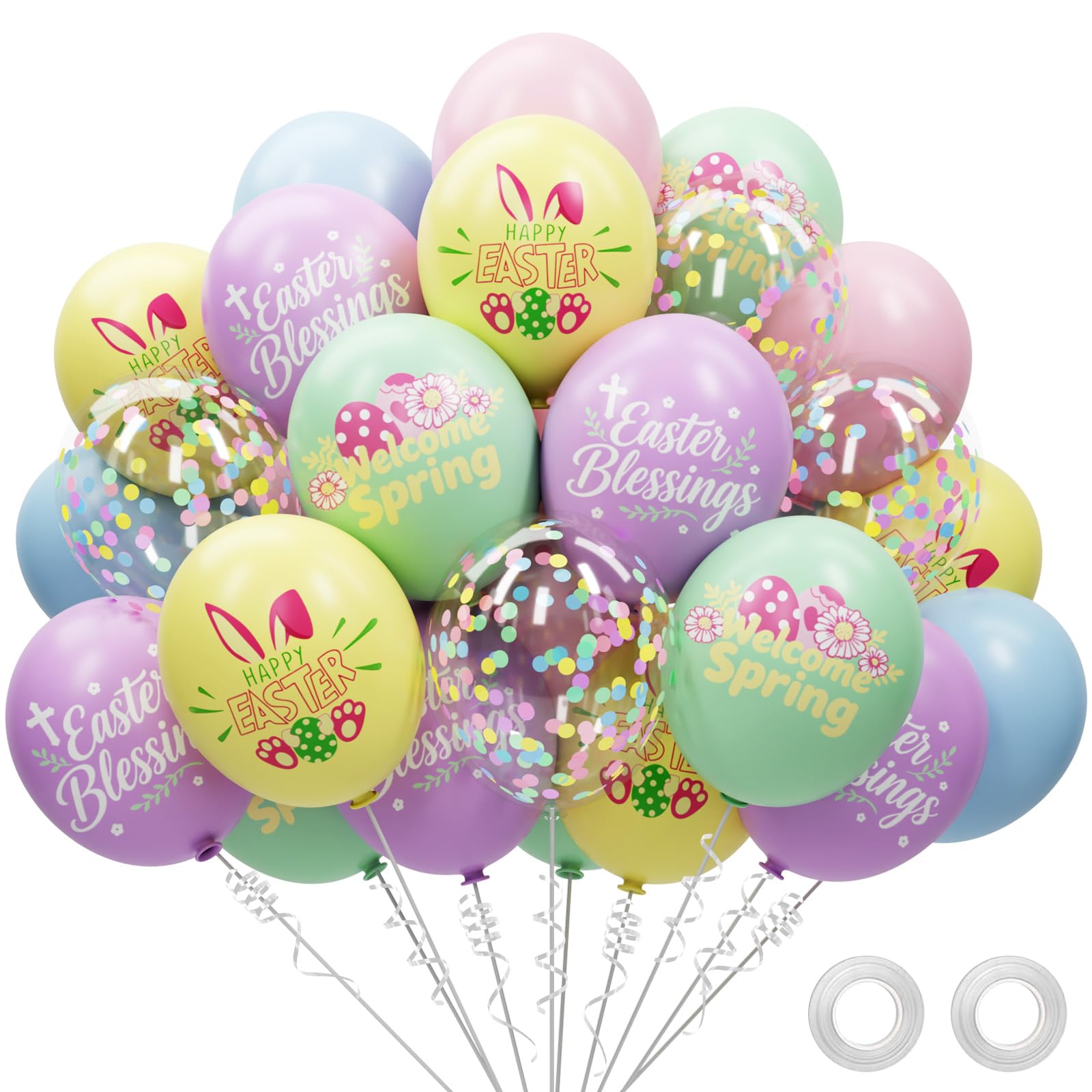 68 Pack Pastel Easter Balloons Easter Decorations - 12 Inch Rainbow Spring Balloons with Ribbons - Easter Party Decorations Supplies Indoor Outdoor for Egg Hunt, Spring Home Classroom Office Decor