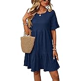CASURESS Womens Summer Dress Ruffle Sleeve Smocked Crew Neck Midi Dresses Casual Flowy Tiered Swing Boho Beach Sundress