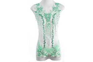 FixrWre Beaded Pearl Flower Fabric Lace Applique, Floral Embroidered Patches Handmade Sewing Tool for DIY Neckline Bodice Wedding Bridal Prom Dress(Green-Large)