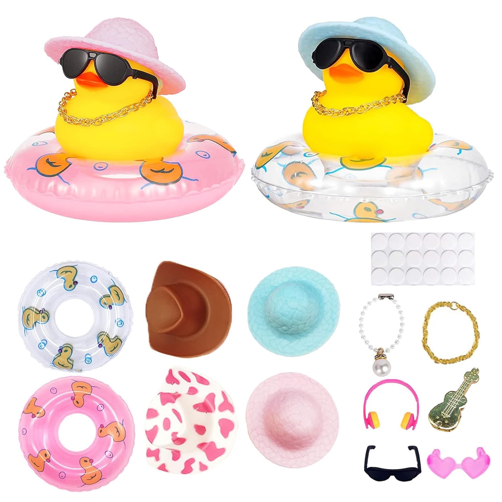 Rubber Duck Decoration for Car Dashboard, 14PCS Bath Duck Toys Car Decoration, Mini Yellow Duck with Hat Sunglasses Chain Donut Guitar for Bath Toys, Baby Shower Toy Bedroom Ornaments