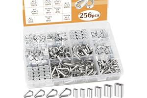 zDwfDc 256PCS Cable Crimps Aluminum Crimping Loop Sleeve and 304 Stainless Steel Wire Rope Cable Thimbles Kit DD043-kit