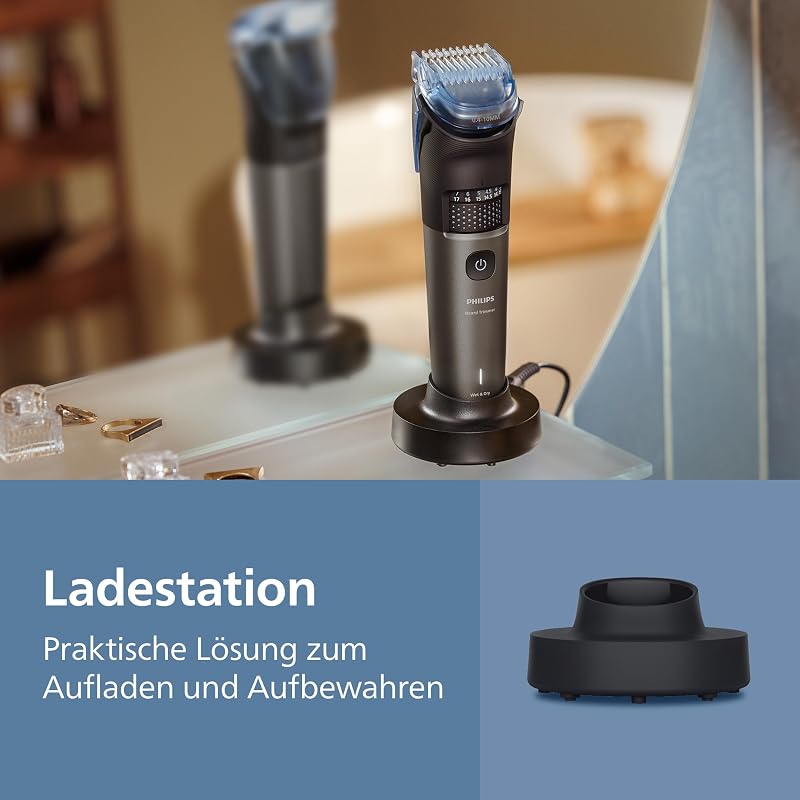 Bartschneider 7000er-Serie – selbstschärfende Metallklingen, 40 Längeneinstellungen, BeardSense-Technologie, Haarkollektor, 100% wasserdicht, Ladestation, Aufbewahrungsetui, Modell BT7660/15